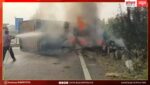 दिल्ली–मुंबई एक्सप्रेसवे: कंटेनर पलटने के बाद लगी आग, चालक की जलकर मौत