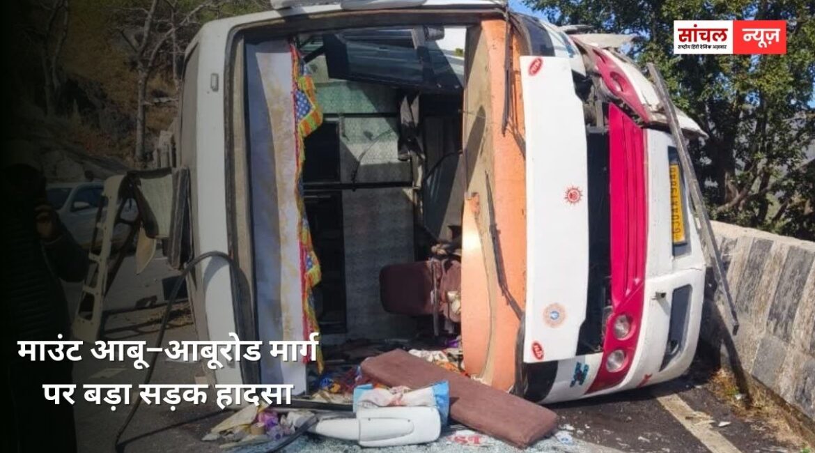 माउंट आबू–आबूरोड मार्ग पर बड़ा सड़क हादसा; सुरक्षा दीवार से टकराकर बेकाबू भरी बस हुई, 17 यात्री घायल माउंट आबू–आबूरोड मार्ग पर बड़ा सड़क हादसा; सुरक्षा दीवार से टकराकर बेकाबू भरी बस हुई, 17 यात्री घायल